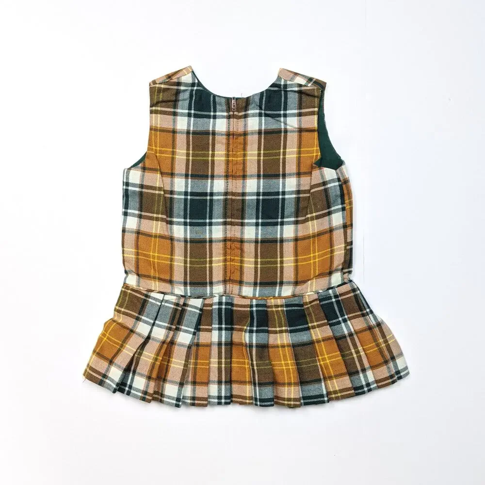 Vintage Dress Baby Girls Sz 12m Drop Waist Green Mustard Preppy 70s